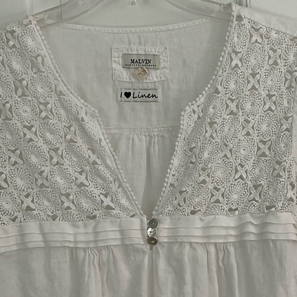 Malvin women’s 100% linen white 3/4 sleeve festival bohemian hippie blouse Small - Picture 2 of 11